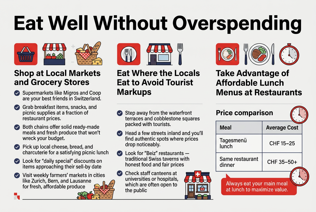 clean professional infographic illustration in a full-bleed 3:2 landscape layout with a modern Swiss travel feel, using a white background with red, navy, and light gray accents. Use bold sans-serif typography with clear hierarchy. Place a large bold title across the top: “Eat Well Without Overspending”.Below the title, arrange three wide horizontal content blocks across the page in a balanced multi-column layout, each with a colored icon and a bold subheading:Left block: a shopping basket and market stall icon. Subheading: “Shop at Local Markets and Grocery Stores”Include short bullet points with check icons:“Supermarkets like Migros and Coop are your best friends in Switzerland.”“Grab breakfast items, snacks, and picnic supplies at a fraction of restaurant prices.”“Both chains offer solid ready-made meals and fresh produce that won't wreck your budget.”“Pick up local cheese, bread, and charcuterie for a satisfying picnic lunch”“Look for ‘daily special’ discounts on items approaching their sell-by date”“Visit weekly farmers’ markets in cities like Zurich, Bern, and Lausanne for fresh, affordable produce”Center block: a restaurant storefront and fork icon. Subheading: “Eat Where the Locals Eat to Avoid Tourist Markups”Include short bullet points with check icons:“Step away from the waterfront terraces and cobblestone squares packed with tourists.”“Head a few streets inland and you'll find authentic spots where prices drop noticeably.”“Look for ‘Beiz’ restaurants — traditional Swiss taverns with honest food and fair prices”“Check staff canteens at universities or hospitals, which are often open to the public”Right block: a lunch plate and clock icon. Subheading: “Take Advantage of Affordable Lunch Menus at Restaurants”Include a simple two-row price comparison table with clean lines:Meal | Average Cost“Tagesmenü lunch” | “CHF 15–25”“Same restaurant dinner” | “CHF 35–50+”Add a highlighted note beneath the table in a red callout box:“Always eat your main meal at lunch to maximize value.”Use small supporting illustrations throughout: picnic basket with bread and cheese, market produce, Swiss tavern façade, university cafeteria tray, and a clock beside lunch menu pricing. Keep the layout spacious, organized, and easy to scan, with strong visual contrast and subtle Swiss-inspired geometric details.