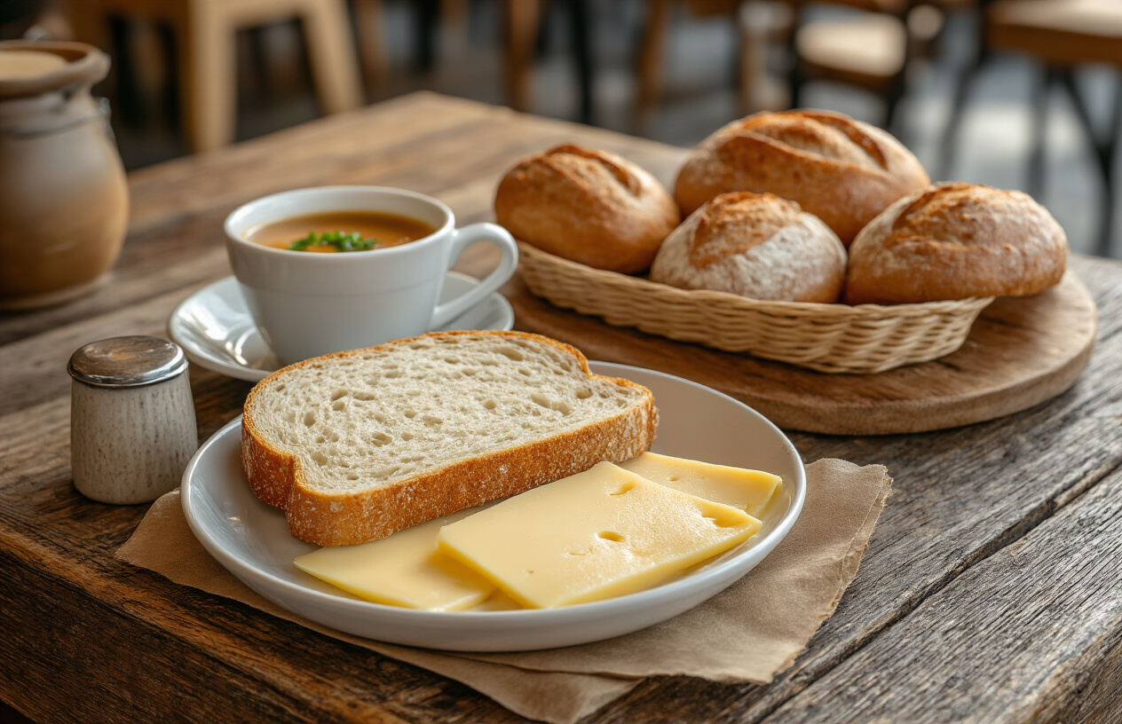 realistic image of a spread of affordable yet delicious Swiss food items on a rustic wooden table, including a simple cheese sandwich, a bowl of soup, fresh bread rolls, and a small cup of coffee, set in a cozy and modest Swiss café or outdoor market setting, with warm natural lighting creating an inviting and budget-friendly atmosphere, Absolutely NO text should be in the scene.