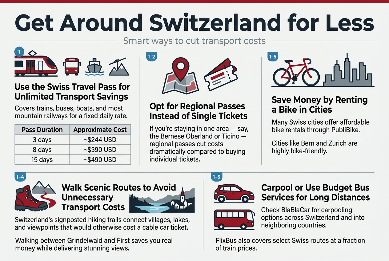 clean, professional full-bleed infographic illustration in a 3:2 aspect ratio about saving money on transportation in Switzerland. Use a modern Swiss-inspired color palette of deep red, white, charcoal, and light gray with blue accent highlights. Use bold sans-serif typography, strong visual hierarchy, and a wide horizontal layout with five clearly separated sections arranged in a balanced two-row grid across the canvas, not a narrow vertical poster.Top header spanning full width:- Large bold title in dark charcoal: "Get Around Switzerland for Less"- Small subtitle below in light gray: "Smart ways to cut transport costs"Main content sections with icons and short text blocks:1) Left upper section: a red and white train icon with bus, boat, and mountain rail symbols рядом- Bold section heading: "Use the Swiss Travel Pass for Unlimited Transport Savings"- Supporting text in smaller font: "Covers trains, buses, boats, and most mountain railways for a fixed daily rate."- Add a small table beneath with clean lines and two columns:  - "Pass Duration" | "Approximate Cost"  - "3 days" | "~$244 USD"  - "8 days" | "~$390 USD"  - "15 days" | "~$490 USD"2) Center upper section: a regional map pin icon and ticket icon- Bold heading: "Opt for Regional Passes Instead of Single Tickets"- Supporting text: "If you're staying in one area — say, the Bernese Oberland or Ticino — regional passes cut costs dramatically compared to buying individual tickets."3) Right upper section: a bicycle icon with a city skyline- Bold heading: "Save Money by Renting a Bike in Cities"- Supporting text: "Many Swiss cities offer affordable bike rentals through PubliBike."- Add a smaller line beneath: "Cities like Bern and Zurich are highly bike-friendly."4) Left lower section: a hiking boot and mountain trail icon with a scenic lake and village silhouette- Bold heading: "Walk Scenic Routes to Avoid Unnecessary Transport Costs"- Supporting text: "Switzerland's signposted hiking trails connect villages, lakes, and viewpoints that would otherwise cost a cable car ticket."- Add a smaller line beneath: "Walking between Grindelwald and First saves you real money while delivering stunning views."5) Right lower section: a carpool car icon and a budget bus icon- Bold heading: "Carpool or Use Budget Bus Services for Long Distances"- Supporting text: "Check BlaBlaCar for carpooling options across Switzerland and into neighboring countries."- Add a smaller line beneath: "FlixBus also covers select Swiss routes at a fraction of train prices."Use small numbered markers 1–5 for each section in colored circles. Add subtle line dividers, minimal shadows, and simple pictograms. Keep the layout airy, legible, and infographic-like with strong spacing and clean alignment. No vertical frame, no ornate borders, no photo background, no extra text beyond the specified headings and body copy.