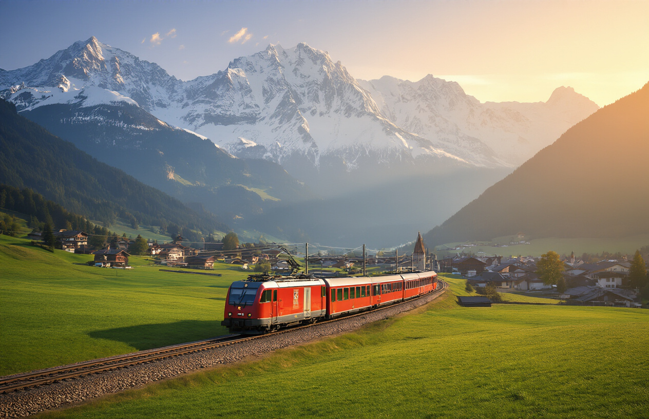 realistic image of a scenic Swiss train traveling through a picturesque landscape with snow-capped Alps in the background, green meadows in the foreground, and a charming Swiss village visible in the distance, captured during golden hour with warm, soft lighting that gives the scene a budget-friendly yet adventurous travel mood, Absolutely NO text should be in the scene.