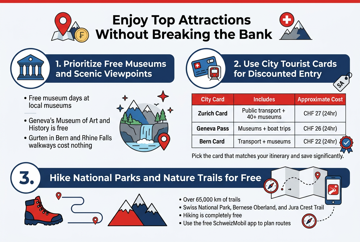 clean, modern infographic illustration in a full-bleed 3:2 horizontal layout with a bright Swiss travel theme, using red, white, deep blue, and soft gray accents. Use a bold sans-serif headline at the top center: "Enjoy Top Attractions Without Breaking the Bank". Place a small Switzerland travel icon cluster near the title: a red map pin, a mountain, and a franc coin.Organize the infographic into three wide horizontal sections across the page, each with a large numbered circle icon on the left and a content block with a matching visual symbol.Section 1 on the upper left: a blue museum building icon and a scenic viewpoint icon with mountains and a waterfall. Heading text: "1. Prioritize Free Museums and Scenic Viewpoints". Add short bullet text beneath:"• Free museum days at local museums""• Geneva's Museum of Art and History is free""• Gurten in Bern and Rhine Falls walkways cost nothing"Use small stars and a map pin symbol beside the scenic highlights.Section 2 in the upper right: a city card and transit icon with a metro/train symbol. Heading text: "2. Use City Tourist Cards for Discounted Entry". Include a clean comparison table with three rows and three columns, clearly readable, with column headers: "City Card", "Includes", "Approximate Cost". Fill the rows exactly:"Zurich Card | Public transport + 40+ museums | CHF 27 (24hr)""Geneva Pass | Museums + boat trips | CHF 26 (24hr)""Bern Card | Transport + museums | CHF 22 (24hr)"Add a small savings tag icon and a checkmark badge near the table. Place a short line beneath the table: "Pick the card that matches your itinerary and save significantly."Section 3 across the bottom spanning the width: a hiking boot icon, winding trail line, mountain peaks, and a phone app icon. Heading text: "3. Hike National Parks and Nature Trails for Free". Add short bullet text:"• Over 65,000 km of trails""• Swiss National Park, Bernese Oberland, and Jura Crest Trail""• Hiking is completely free""• Use the free SchweizMobil app to plan routes"Show a dotted trail map line and a small compass icon.Use clear visual hierarchy with bold section headings, medium-weight body text, and white text on dark blue panels or dark text on light panels. Keep spacing balanced, clean, and professional. No frame border. No extra text beyond the specified headings, bullets, title, and table.