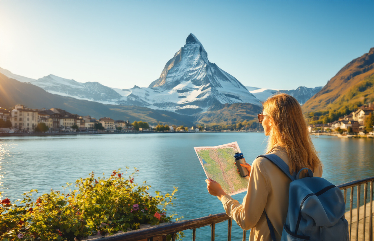 realistic image of a stunning Swiss landmark, such as the Matterhorn mountain or Lake Geneva waterfront, with a white female traveler enjoying the breathtaking scenery while holding a basic map and a reusable water bottle, suggesting budget-conscious travel, the scene bathed in warm golden sunlight with a clear blue sky, conveying a sense of adventure and smart exploration without lavish spending. Absolutely NO text should be in the scene.