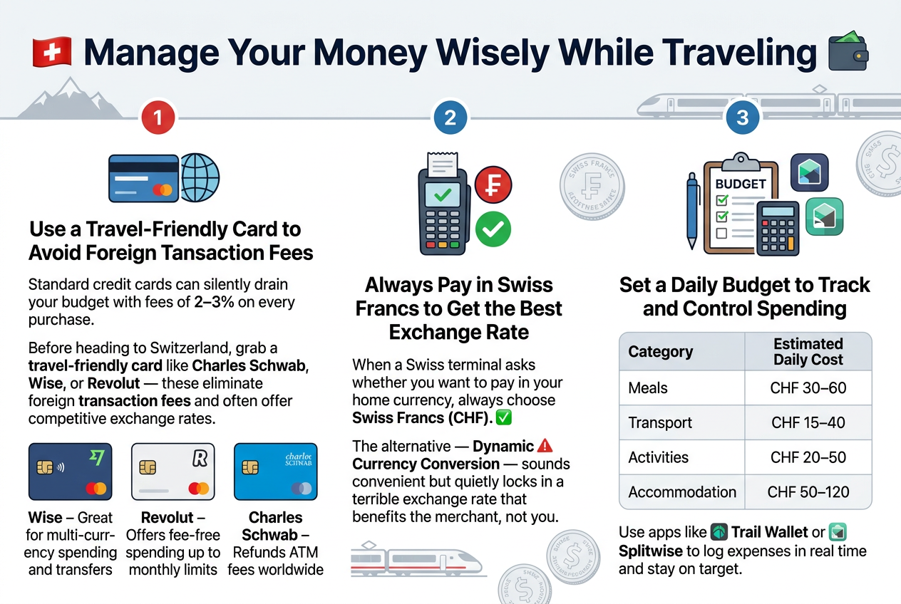 clean, professional full-bleed infographic in a 3:2 landscape aspect ratio about travel money management in Switzerland. Use a modern sans-serif font, bold navy heading, white background with red and blue Swiss-inspired accents, subtle gray dividers, and clear iconography. No outer frame, no narrow centered stack; use a wide multi-section layout.Top across full width: large bold title in dark navy text, "Manage Your Money Wisely While Traveling", with a small Swiss flag icon and a wallet icon beside it.Below the title, arrange three wide horizontal content blocks from left to right or in two rows with strong visual hierarchy:1) Left section with a credit card and globe icon, heading in bold: "Use a Travel-Friendly Card to Avoid Foreign Transaction Fees"Include short body text in smaller readable font:"Standard credit cards can silently drain your budget with fees of 2–3% on every purchase.""Before heading to Switzerland, grab a travel-friendly card like Charles Schwab, Wise, or Revolut — these eliminate foreign transaction fees and often offer competitive exchange rates."Under this, show three compact labeled chips or mini-cards with icons:"Wise – Great for multi-currency spending and transfers""Revolut – Offers fee-free spending up to monthly limits""Charles Schwab – Refunds ATM fees worldwide"2) Center section with a payment terminal, Swiss franc symbol, and checkmark icon, heading in bold: "Always Pay in Swiss Francs to Get the Best Exchange Rate"Include body text:"When a Swiss terminal asks whether you want to pay in your home currency, always choose Swiss Francs (CHF).""The alternative — Dynamic Currency Conversion — sounds convenient but quietly locks in a terrible exchange rate that benefits the merchant, not you."Visually emphasize "Swiss Francs (CHF)" with a green checkmark and "Dynamic Currency Conversion" with a red warning triangle.3) Right section or bottom-wide section with a budget clipboard, calculator, and app icons, heading in bold: "Set a Daily Budget to Track and Control Spending"Include a neat table-style block with four rows and two columns, labeled exactly:"Category" | "Estimated Daily Cost""Meals" | "CHF 30–60""Transport" | "CHF 15–40""Activities" | "CHF 20–50""Accommodation" | "CHF 50–120"Add a small line below: "Use apps like Trail Wallet or Splitwise to log expenses in real time and stay on target."Include app-style icons next to "Trail Wallet" and "Splitwise".Use clear numbered section markers 1, 2, 3 in colored circles above each section. Add subtle travel visuals such as a mountain silhouette, train, and Swiss coin graphics in the background, but keep all text crisp and legible. Use balanced spacing, strong alignment, and infographic-style callout boxes.