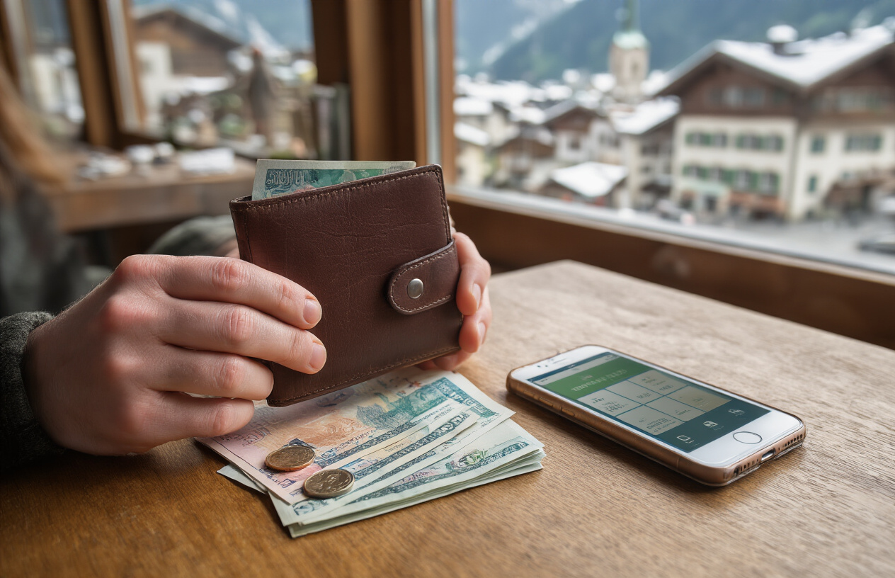 realistic image of a close-up shot of a traveler's hands holding a leather wallet open, revealing Swiss franc banknotes and coins, with a small travel budget notebook and a smartphone displaying a currency exchange app placed on a wooden cafe table, soft natural daylight illuminating the scene, conveying a sense of careful financial planning while traveling, with a blurred Swiss alpine town visible through a window in the background. Absolutely NO text should be in the scene.
