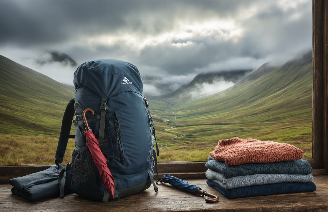realistic image of a well-organized open travel backpack placed on a rustic wooden surface, surrounded by neatly arranged layers of clothing including a waterproof jacket, thermal base layers, a cozy sweater, and a compact umbrella, with a moody Scottish Highland landscape visible through a window in the background showing dramatic clouds, patches of sunlight, and misty rolling green hills, evoking the feeling of being fully prepared for unpredictable weather, warm and confident lighting illuminating the scene from the side. Absolutely NO text should be in the scene.
