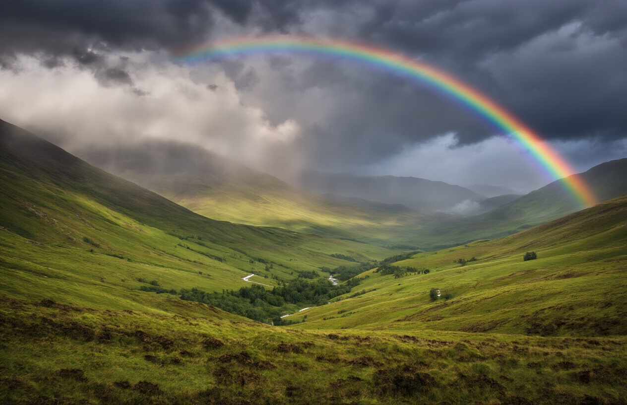 realistic image of a dramatic Scottish Highland landscape showcasing multiple weather conditions simultaneously, with dark storm clouds on one side of the sky, bright sunshine breaking through on the other, a rainbow arching over misty rolling green hills, and a light rain shower visible in the distance, capturing the iconic unpredictability of Scottish weather in a single breathtaking scene, with moody atmospheric lighting that transitions from golden sunlight to stormy grey across the landscape. Absolutely NO text should be in the scene.