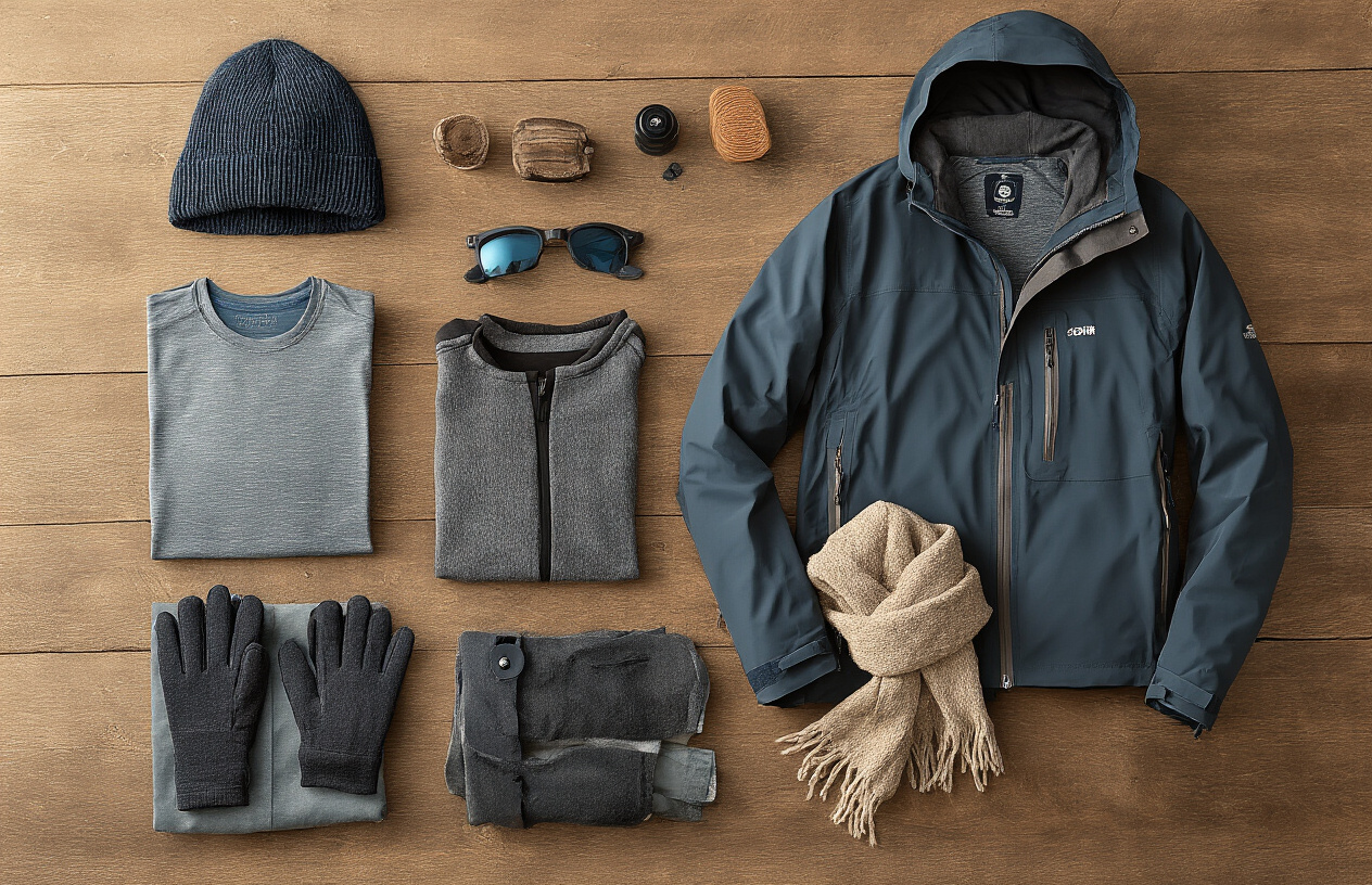 realistic image of a neatly arranged flat lay of Scotland travel clothing and gear on a wooden surface, showcasing a complete layering system including a moisture-wicking base layer, a warm fleece mid-layer, and a waterproof outer shell jacket, accompanied by accessories like a wool hat, gloves, and a lightweight scarf, with soft natural lighting highlighting the textures and practical arrangement of the items, conveying an organized and prepared travel aesthetic. Absolutely NO text should be in the scene.