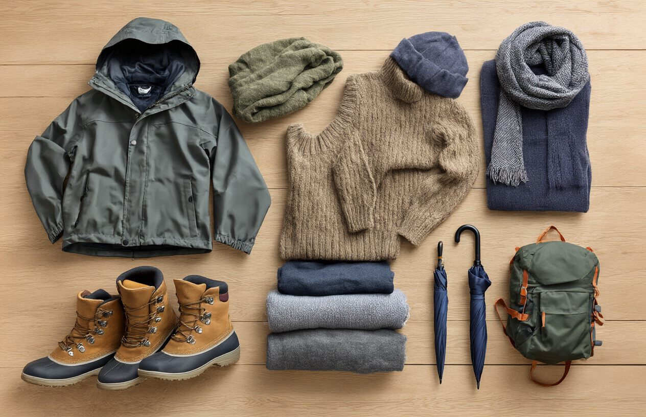 realistic image of a neatly organized flat lay of essential clothing items spread out on a wooden surface, including a waterproof rain jacket, warm wool sweater, lightweight layers, a cozy scarf, thermal base layers, sturdy hiking boots, and a compact travel umbrella, arranged in an aesthetically pleasing manner, with soft natural lighting highlighting the textures and colors of the clothing, evoking a sense of practical preparation for unpredictable weather, with a warm and inviting mood that suggests adventure and smart travel packing. Absolutely NO text should be in the scene.