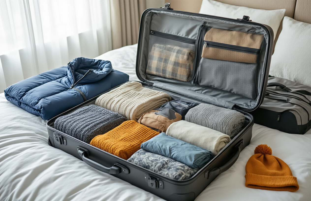 realistic image of an open suitcase on a bed, neatly packed with rolled and folded clothing layers including waterproof jacket, sweaters, and lightweight items, alongside travel organizer cubes and packing accessories arranged efficiently to maximize space, with a few scattered items like a rain cover and warm hat nearby, bright natural light illuminating the organized scene, conveying a sense of smart and efficient travel preparation. Absolutely NO text should be in the scene.