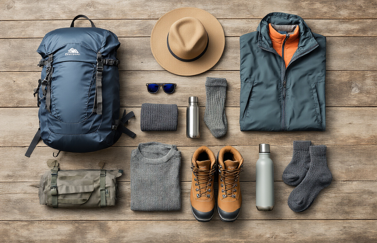 realistic image of a flat lay arrangement of essential Scotland travel gear and accessories neatly organized on a rustic wooden surface, including a compact waterproof backpack, a lightweight packable rain jacket, thermal layers, wool socks, sturdy hiking boots, a wide-brim hat, UV sunglasses, a reusable water bottle, and a compact umbrella, all displayed in an organized and visually appealing manner, lit with soft natural daylight that highlights the textures of the gear, evoking a sense of practical adventure preparedness. Absolutely NO text should be in the scene.