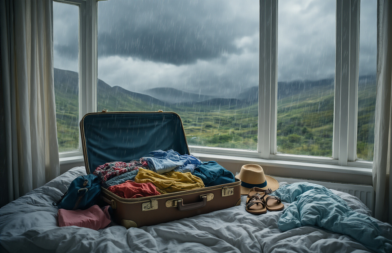 realistic image of an open suitcase on a bed, overpacked and disorganized, with clearly wrong items for Scottish weather such as only light summer clothes, sandals, and no rain gear, placed next to a window showing dramatic Scottish weather outside with dark rain clouds and moody skies, the scene lit with natural overcast light to emphasize the mismatch between the packing choices and the unpredictable weather, conveying a sense of unpreparedness and travel mistake. Absolutely NO text should be in the scene.