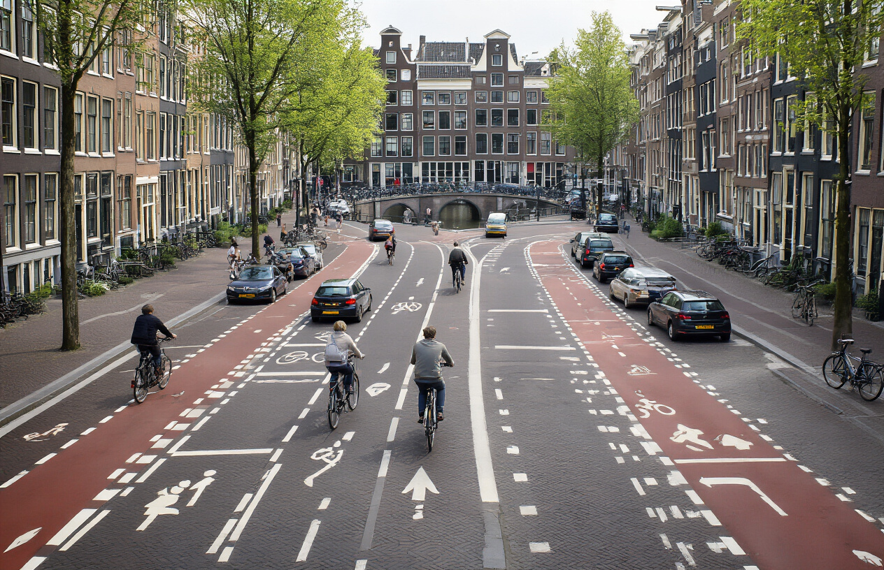 realistic image of a wide, well-organized Amsterdam street intersection showing clearly marked bike lanes, pedestrian paths, and car roads separated by distinct painted markings and physical dividers, with multiple cyclists riding in designated bike lanes, a view of traditional Dutch canal houses lining the background, bright natural daylight illuminating the scene, captured from a slightly elevated angle to clearly show the layout and separation of the different lane systems, with smooth brick pavement and clear lane boundaries visible throughout the scene. Absolutely NO text should be in the scene.