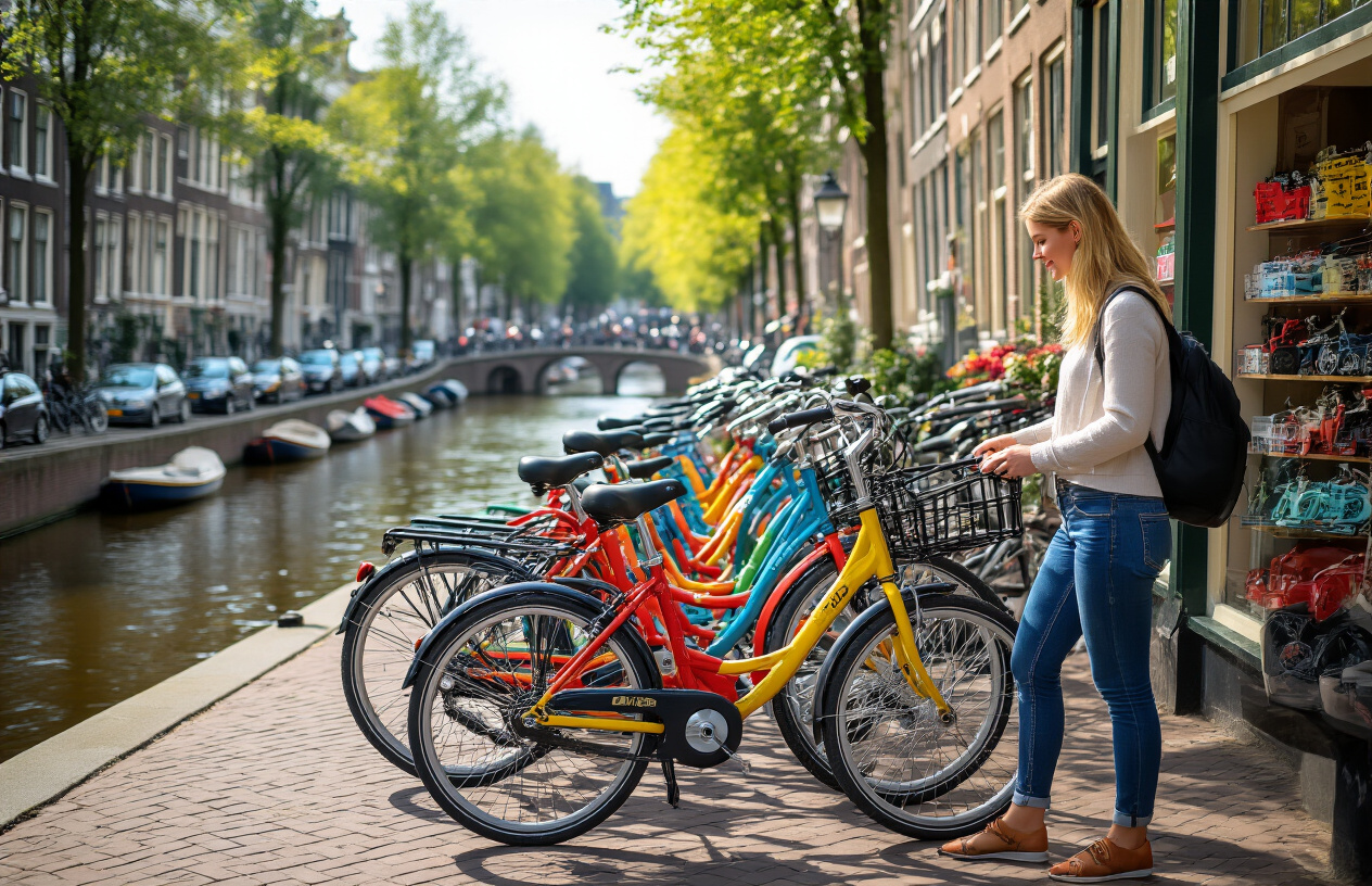 realistic image of a row of colorful rental bikes neatly lined up at a bike rental shop in Amsterdam, with a white female tourist carefully examining one of the bikes, testing the handlebars and seat height, a friendly shop display of different bike styles visible in the background, warm natural daylight illuminating the scene, conveying a welcoming and stress-free atmosphere, with traditional Dutch canal houses subtly visible in the background. Absolutely NO text should be in the scene.