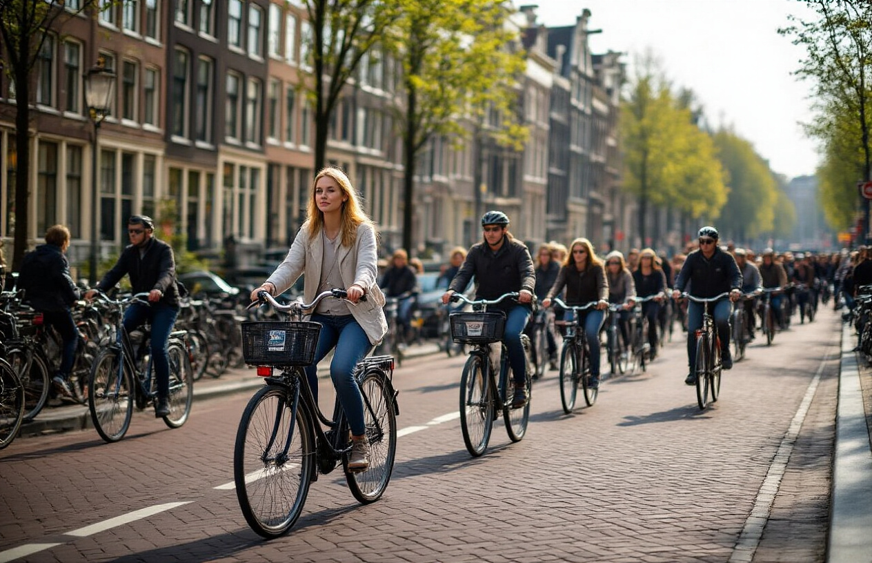 realistic image of a busy Amsterdam bike lane filled with confident local cyclists smoothly navigating through traffic, with a white female tourist on a rental bike carefully observing the flow of cyclists around her, set against a backdrop of iconic Amsterdam canal houses and cobblestone streets, captured in warm afternoon daylight that highlights the organized yet bustling cycling culture, with cyclists signaling turns, yielding, and riding in sync, conveying a sense of unwritten rhythm and etiquette in motion. Absolutely NO text should be in the scene.