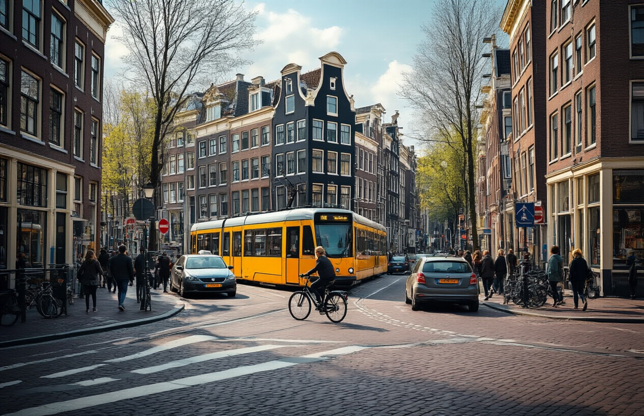 realistic image of a busy Amsterdam street intersection during daytime, showing a cyclist navigating between a yellow tram, a parked car, and pedestrians crossing the road, with traditional Dutch canal houses lining the background, the scene conveying cautious awareness and urban tension, soft natural daylight illuminating the cobblestone street, bike lane markings visible on the road, and the overall atmosphere reflecting the complexity of Amsterdam's city traffic. Absolutely NO text should be in the scene.