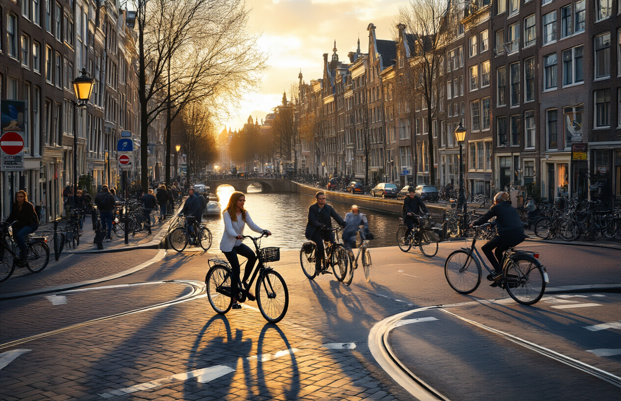 realistic image of a busy Amsterdam canal street with multiple cyclists navigating a complex intersection surrounded by historic Dutch townhouses, featuring a white female tourist on a rental bike looking slightly uncertain while experienced local cyclists confidently ride past her, with tram tracks, cobblestones, and designated bike lane markings visible on the road, captured during golden hour with warm sunlight reflecting off the canal in the background, creating a dynamic and slightly overwhelming yet charming urban cycling atmosphere. Absolutely NO text should be in the scene.