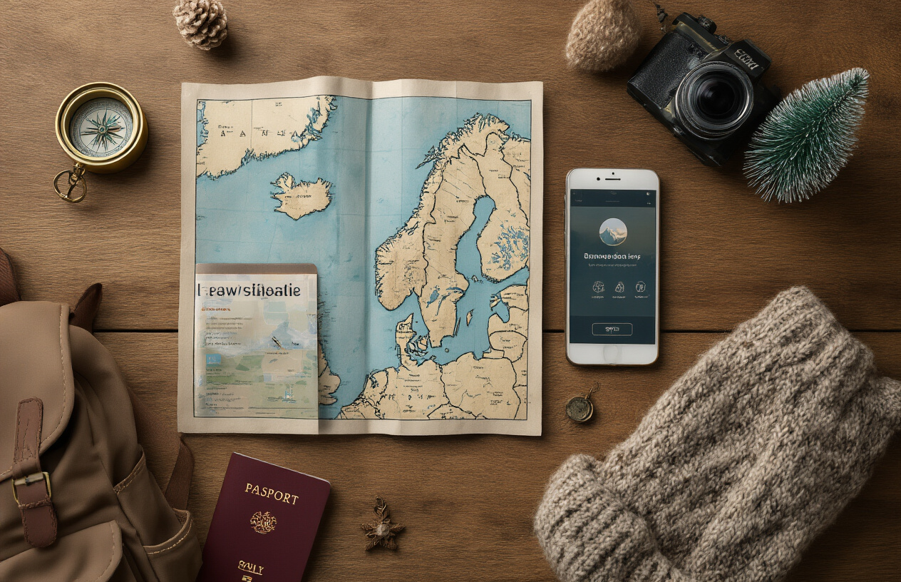 realistic image of a well-organized travel flat lay on a wooden table featuring a open map of Scandinavia, a smartphone displaying a travel app, a small backpack, a passport, a camera, and a cozy knitted sweater, surrounded by subtle Nordic-inspired elements like a miniature pine tree and a compass, with soft warm natural lighting creating a calm and accomplished mood, evoking the feeling of a successfully planned stress-free Scandinavian adventure, Absolutely NO text should be in the scene.