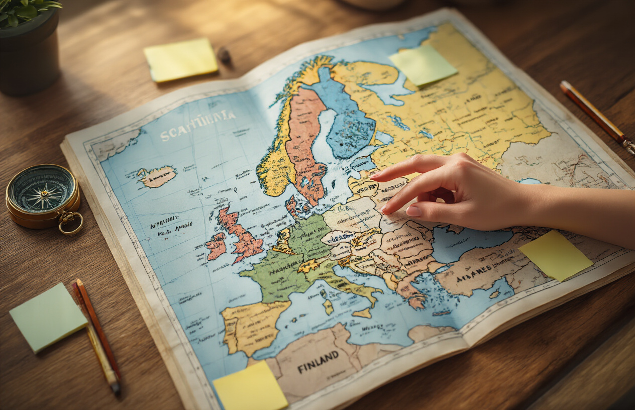 realistic image of a detailed map of Scandinavia spread open on a wooden table, showing Norway, Sweden, Denmark, and Finland with clearly visible country borders and major cities, with a travel planning scene featuring a white female hand pointing at different countries on the map, alongside a pencil, a small compass, and sticky notes placed on different countries to indicate an itinerary order, warm natural lighting illuminating the scene from the side, creating a focused and organized travel planning atmosphere. Absolutely NO text should be in the scene.
