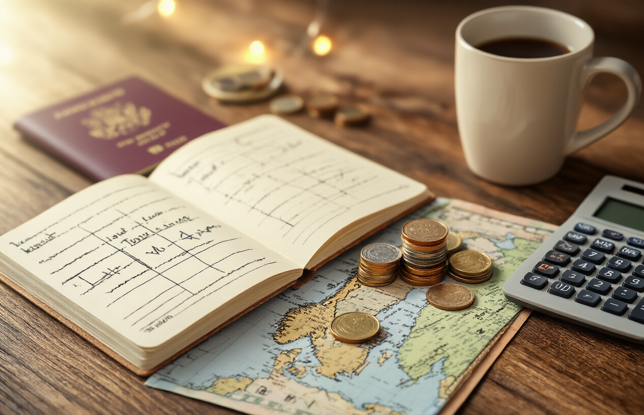 realistic image of a wooden desk surface with a travel budget planning scene, featuring a open notebook with hand-drawn budget columns, a small pile of mixed Scandinavian currency coins and notes, a passport, a calculator, and a coffee mug, with a soft warm light illuminating the scene from the side, creating a cozy and organized atmosphere that suggests careful trip planning, with a blurred map of Scandinavia subtly visible in the background, evoking a sense of adventure and financial preparation, Absolutely NO text should be in the scene.