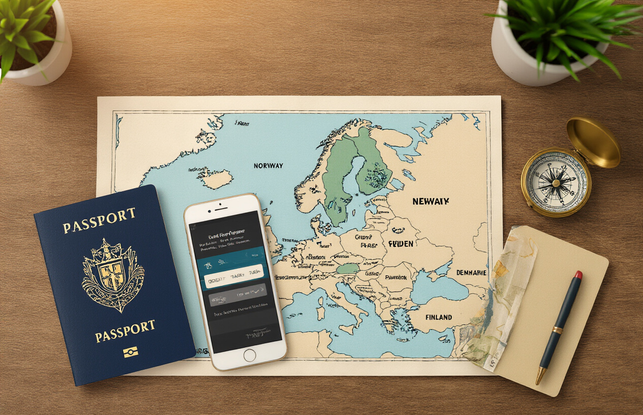 realistic image of a neatly organized travel flat lay on a wooden desk, featuring multiple Scandinavian country passports or travel documents, a detailed map of Scandinavia showing Norway, Sweden, Denmark, and Finland, a smartphone displaying a route planner, and a compass, arranged alongside train tickets and a small notebook, with soft warm natural lighting illuminating the scene from the side, conveying a sense of organized and stress-free adventure planning. Absolutely NO text should be in the scene.