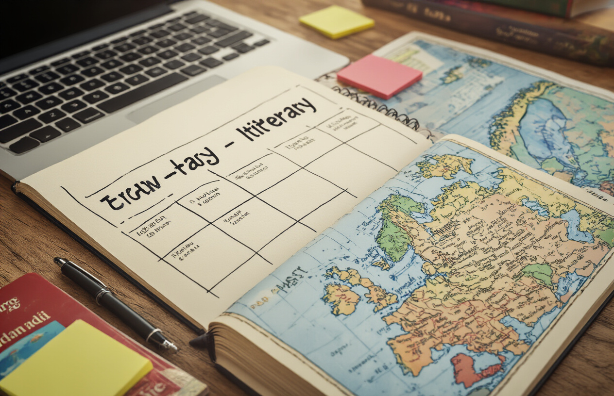 realistic image of a travel planning scene featuring an open notebook with a hand-drawn day-by-day itinerary layout on a wooden desk, accompanied by a detailed map of Scandinavia, a few colorful sticky notes, and a pen, with small travel guidebooks and a laptop partially visible in the background, warm and organized atmosphere with soft natural lighting, conveying a sense of thoughtful and flexible trip planning. Absolutely NO text should be in the scene.