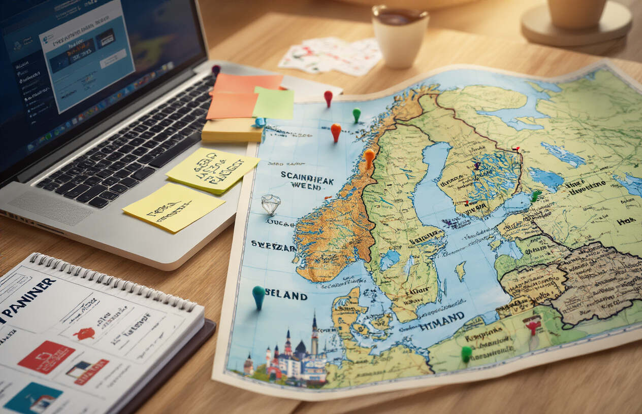 realistic image of a well-organized travel planning setup on a clean wooden desk, featuring a detailed map of Scandinavia spread open showing Norway, Sweden, Denmark, and Finland, with several sticky notes and colored pins marking different cities, alongside a travel planner notebook, a laptop displaying a hotel booking website, and small hotel or accommodation icons arranged neatly near different country locations on the map, warm and focused desk lighting creating a productive and calm atmosphere, conveying a sense of organized and stress-free multi-country trip planning. Absolutely NO text should be in the scene.