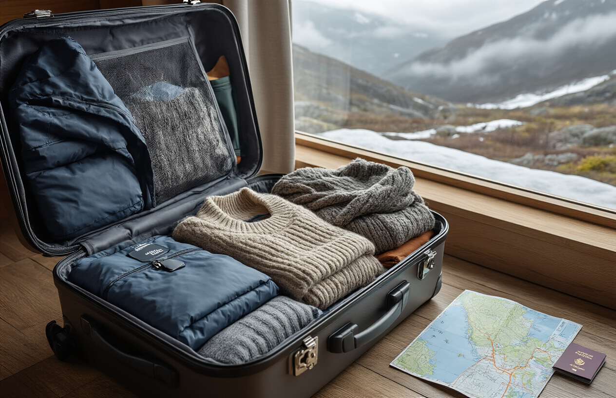 realistic image of an open travel suitcase neatly packed with smart Scandinavian travel essentials, including a waterproof jacket, thermal layers, a cozy sweater, a light scarf, and compact rain gear, arranged in an organized manner, with a map and passport visible nearby, set on a wooden floor next to a window showing a moody Scandinavian landscape with overcast skies, soft patches of sunlight breaking through clouds, evoking a sense of preparedness and adventure for unpredictable Nordic weather, with warm yet practical ambient lighting highlighting the packed items. Absolutely NO text should be in the scene.