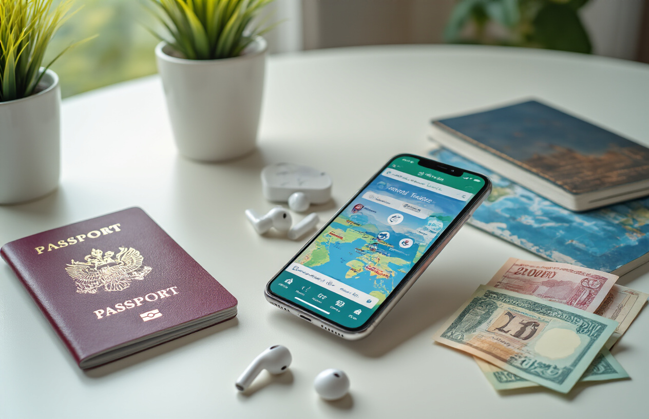 realistic image of a smartphone and tablet placed on a clean desk surface, both displaying colorful travel planning apps with maps, itineraries, and calendar interfaces visible on their screens, alongside a open passport, a few Scandinavian currency notes, and a pair of earbuds nearby, set in a bright and organized home workspace with soft natural lighting, conveying a calm and stress-free travel planning mood. Absolutely NO text should be in the scene.