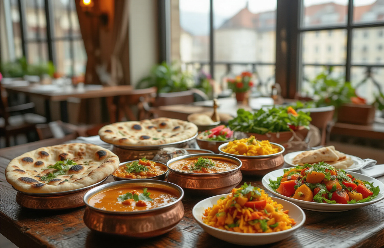 realistic image of a beautifully arranged spread of vibrant vegetarian and Indian dishes on a rustic wooden table, featuring colorful curries, naan bread, fresh salads, and vegetable-based Austrian-inspired plates, set against a softly blurred background of an elegant European restaurant interior with warm ambient lighting and large windows hinting at an Austrian cityscape outside, creating a warm, inviting, and celebratory mood that evokes culinary discovery and satisfaction. Absolutely NO text should be in the scene.