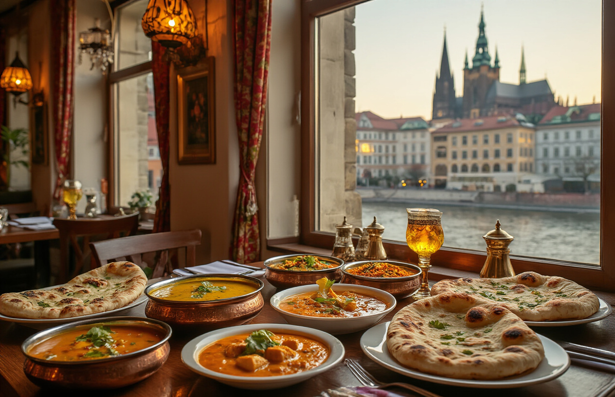 realistic image of a vibrant and inviting restaurant table spread featuring a colorful array of Indian vegetarian dishes such as dal, paneer curry, and naan bread, elegantly presented alongside traditional Austrian architectural elements visible through a large window in the background, with warm golden lighting creating a cozy and welcoming atmosphere that blends Indian culinary culture with the charm of an Austrian city setting, the scene evoking a sense of delightful discovery and cultural fusion. Absolutely NO text should be in the scene.
