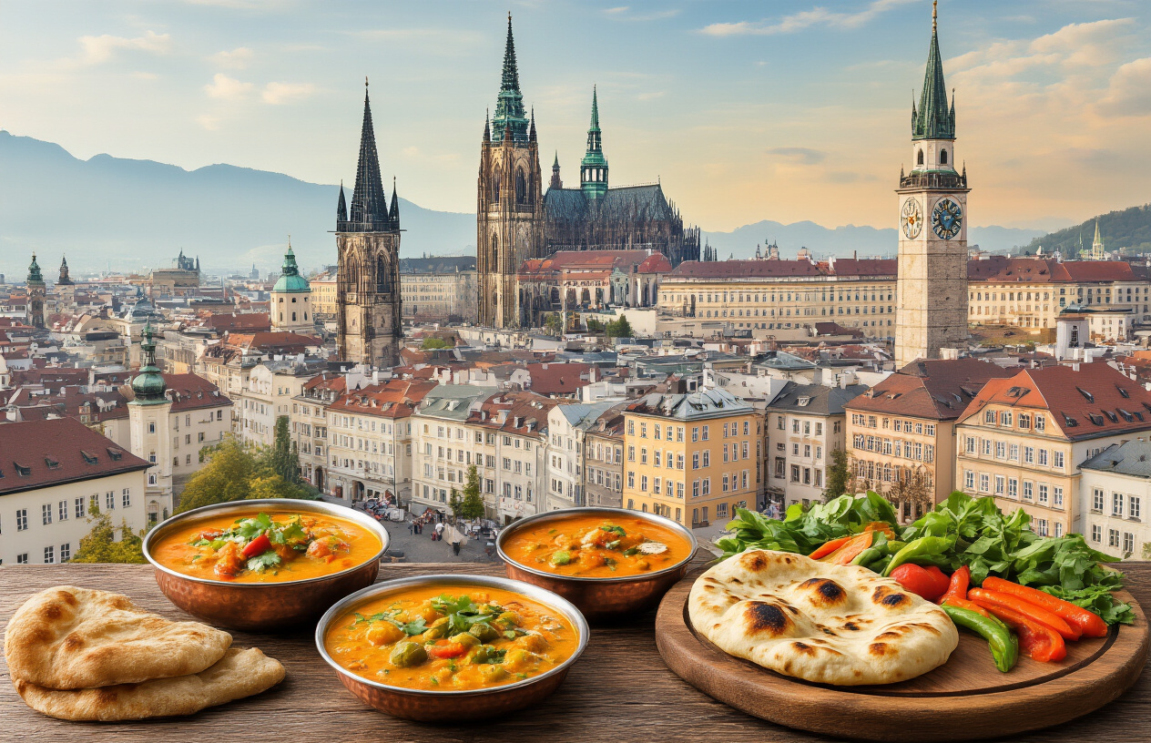 realistic image of a scenic collage-style composition featuring iconic Austrian city landmarks such as Vienna's Stephansdom, Salzburg's old town, and Graz's clock tower, seamlessly blended with vibrant vegetarian and Indian dishes like colorful curries, naan bread, and fresh vegetable platters placed in the foreground on rustic wooden surfaces, warm and inviting lighting that highlights both the architectural beauty and the rich colors of the food, creating a harmonious and appetizing atmosphere that connects Austrian culture with Indian culinary traditions, Absolutely NO text should be in the scene.