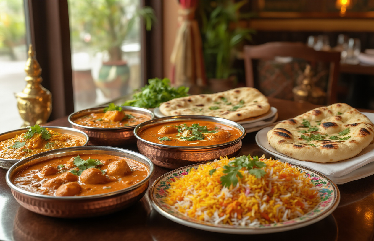 realistic image of a beautifully presented spread of authentic Indian dishes on a elegantly set restaurant table, featuring colorful dishes such as butter chicken, dal makhani, naan bread, and aromatic biryani garnished with fresh herbs, set inside a warmly lit Indian restaurant with traditional decor including golden accents and rich jewel-toned colors, creating an inviting and luxurious dining atmosphere, with soft warm lighting highlighting the vibrant colors and textures of the food. Absolutely NO text should be in the scene.