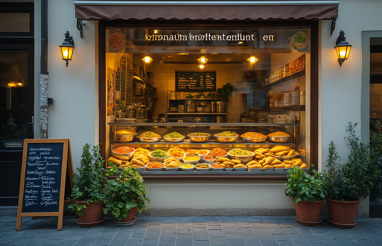 realistic image of a close-up view of a well-presented Indian vegetarian restaurant entrance in Austria, featuring a clean and inviting storefront with a neatly arranged display of fresh colorful Indian dishes like dal, paneer curry, and vegetable samosas visible through a window, warm golden lighting illuminating the scene, with a chalkboard menu stand outside and potted plants framing the entrance, conveying a sense of authenticity and quality, shot in soft natural daylight with a welcoming and trustworthy mood. Absolutely NO text should be in the scene.