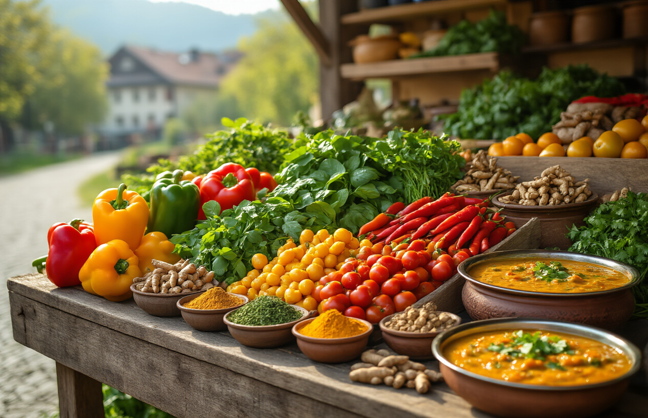 realistic image of a rustic wooden farmers market stall in Austria displaying an abundant spread of fresh seasonal vegetables and herbs, including colorful bell peppers, vibrant spinach, golden turmeric roots, fresh coriander, ripe tomatoes, and aromatic spices in small bowls, with some ingredients arranged beside a beautifully plated vegetarian Indian dish like a curry or dal, warm natural sunlight illuminating the scene from the side, creating a rich and inviting atmosphere that highlights the freshness and vibrancy of the ingredients, with a blurred Austrian countryside or market background, evoking a sense of wholesome, locally sourced cooking. Absolutely NO text should be in the scene.