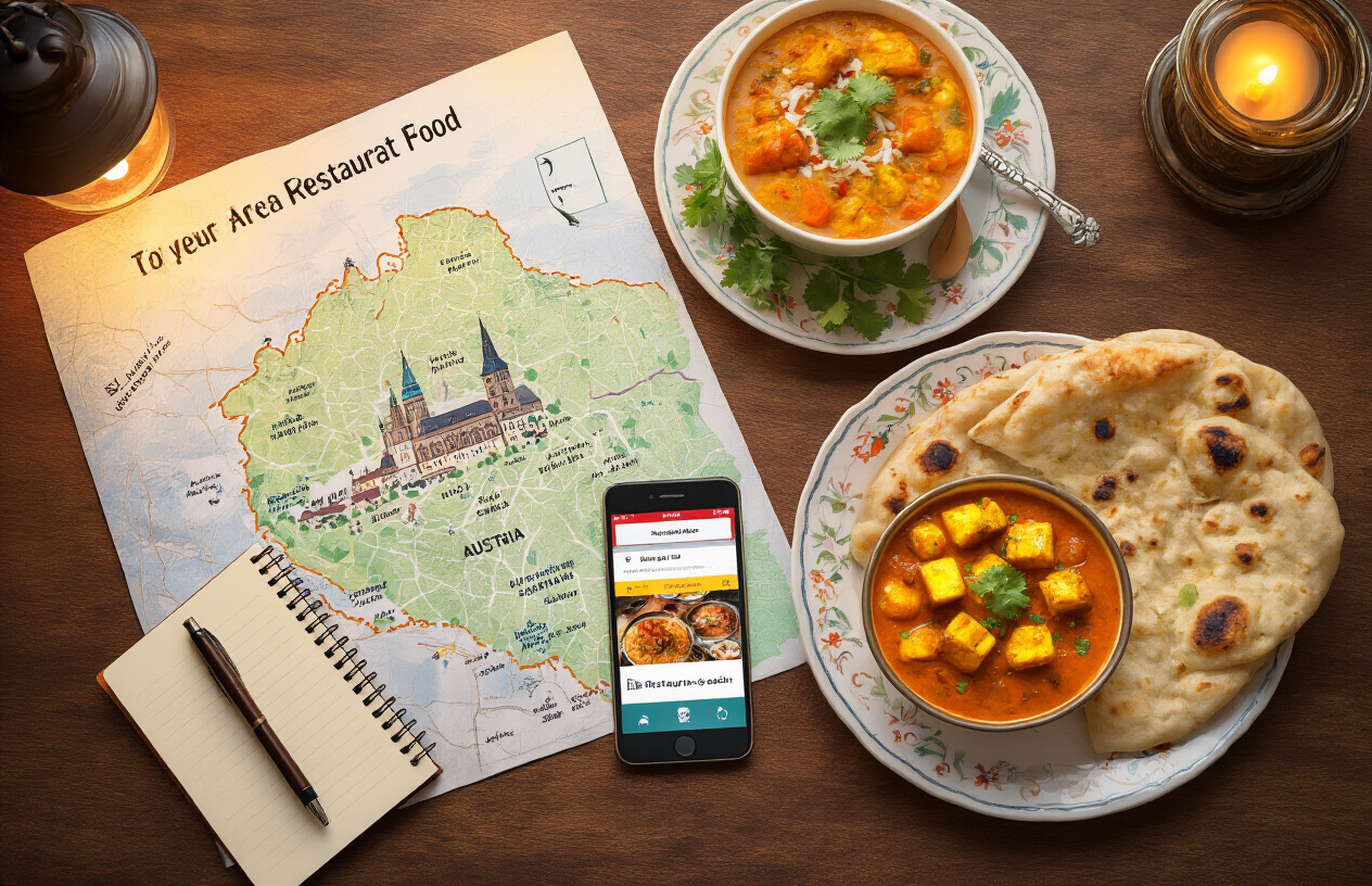 realistic image of a well-organized travel flat lay scene on a wooden table featuring a detailed city map of Austria, a smartphone displaying a restaurant search app, a small notebook with a pen, and a plate of colorful Indian vegetarian dishes such as dal, paneer curry, and naan bread placed alongside, with warm and inviting lighting creating a cozy planning atmosphere, suggesting a traveler preparing to explore vegetarian and Indian food options in Austria. Absolutely NO text should be in the scene.