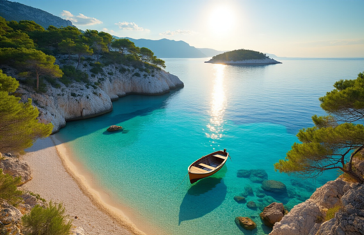 realistic image of a breathtaking secluded Croatian cove with crystal-clear turquoise water surrounded by dramatic white limestone cliffs and lush Mediterranean pine trees, a small wooden boat anchored near the shore, the pristine empty beach stretching peacefully with no crowds, golden late-afternoon sunlight casting a warm glow over the scene, serene and idyllic atmosphere evoking freedom and discovery, calm reflective water revealing the rocky seabed below, with a distant view of a small uninhabited island on the horizon, Absolutely NO text should be in the scene.