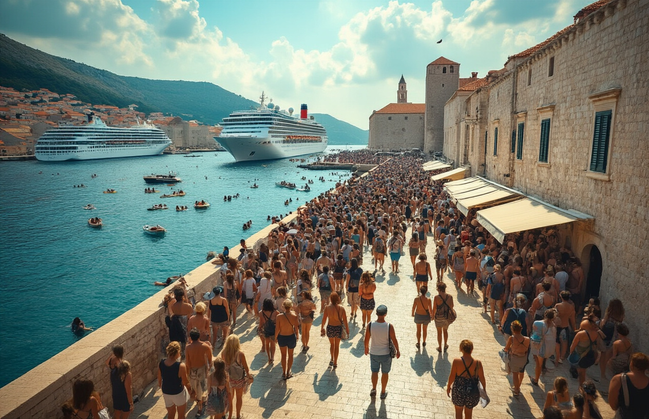 realistic image of a famous Croatian coastal town like Dubrovnik during peak summer season, showing an extremely overcrowded scene with masses of tourists packed tightly along a narrow limestone-paved street and waterfront promenade, large cruise ships visible in the background harbor, long queues of people waiting outside historic walls, the harsh midday sun beating down creating an uncomfortable and overwhelming atmosphere, conveying a sense of chaos and loss of charm due to overtourism, with a mood that feels stressful and claustrophobic rather than relaxing. Absolutely NO text should be in the scene.