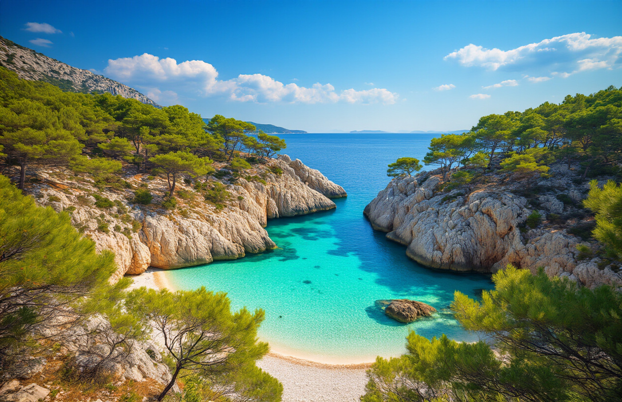 realistic image of a pristine, secluded beach in Croatia with crystal-clear turquoise water, surrounded by dramatic rocky limestone cliffs covered in Mediterranean pine trees, a small hidden cove with untouched white pebble shoreline, no crowds or tourists visible, calm and tranquil atmosphere, bathed in warm golden sunlight with a vivid blue sky, giving a sense of discovery and natural seclusion, Absolutely NO text should be in the scene.