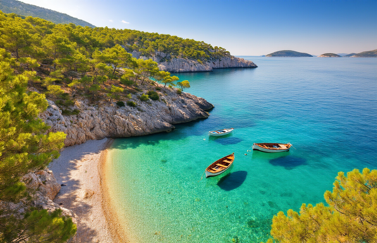 realistic image of a secluded Croatian island with a pristine, crystal-clear turquoise sea surrounding rugged limestone cliffs covered in lush Mediterranean pine trees, a small untouched pebble beach tucked into a hidden cove in the foreground, a few traditional wooden fishing boats anchored in the calm water, warm golden sunlight casting a serene and peaceful glow over the tranquil scene, no tourists or crowds visible, conveying a sense of discovery and natural isolation, with a clear blue sky and distant glimpses of other small uninhabited islands on the horizon. Absolutely NO text should be in the scene.