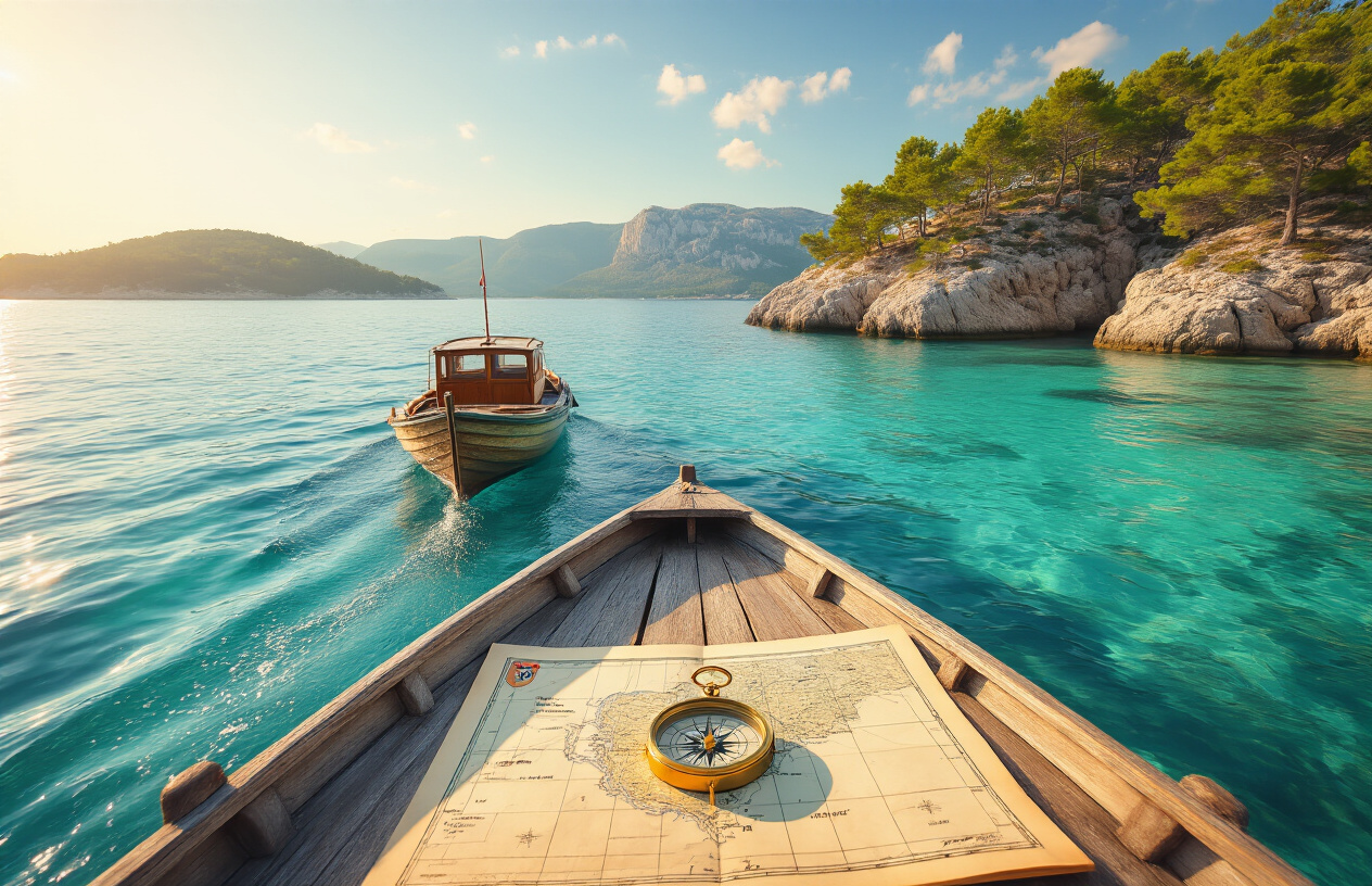 realistic image of a small weathered wooden ferry boat sailing through crystal-clear turquoise Adriatic waters toward a secluded Croatian island with lush green pine trees and rugged limestone cliffs, with a detailed nautical map and a vintage compass resting on the boat's railing in the foreground, warm golden sunlight reflecting off the calm sea surface, conveying a sense of adventure and discovery toward an untouched coastal destination, serene and inviting atmosphere. Absolutely NO text should be in the scene.