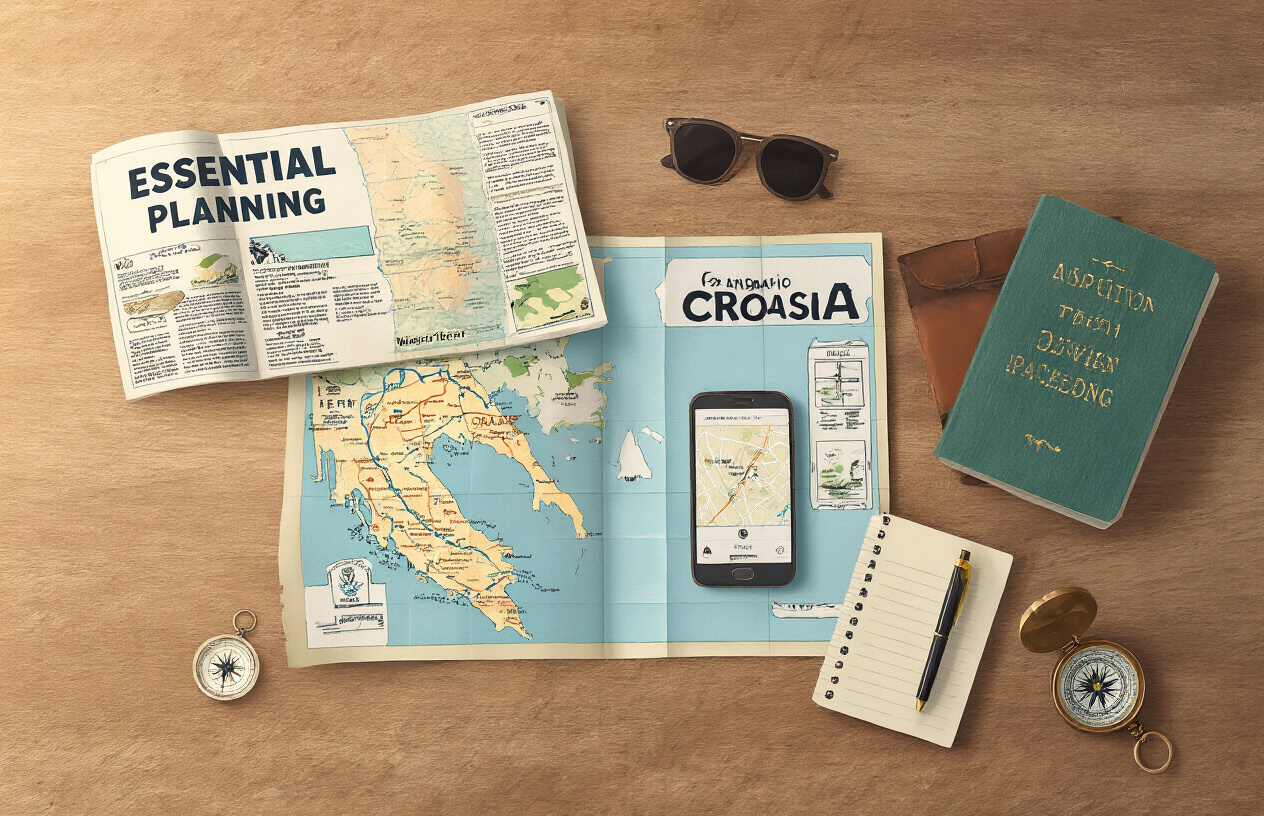realistic image of a flat lay top-down view of a wooden table with essential travel planning items neatly arranged, including an open map of Croatia, a travel guidebook, a smartphone showing a map app, a small compass, a notebook with a pen, and a pair of sunglasses, with soft natural daylight illuminating the scene, evoking an organized and anticipatory mood of adventure planning, set against a warm wooden surface background. Absolutely NO text should be in the scene.