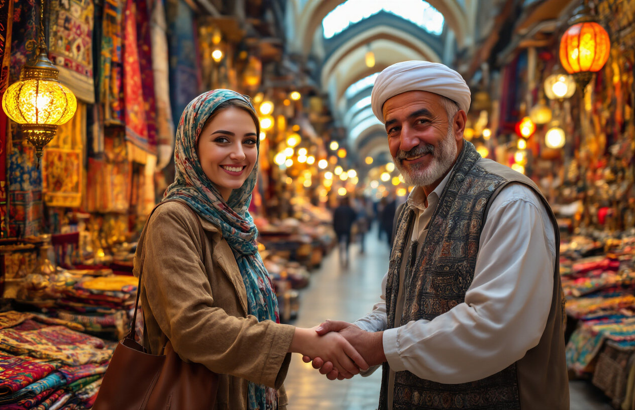 realistic image of a warm and friendly handshake between a white female tourist and a middle-aged Turkish male vendor inside a vibrant Grand Bazaar in Istanbul, with colorful textiles, lanterns, and traditional crafts displayed in the background, both figures smiling in a moment of mutual satisfaction after a successful negotiation, bathed in warm golden light filtering through the bazaar's arched ceiling, creating an inviting and culturally respectful atmosphere. Absolutely NO text should be in the scene.