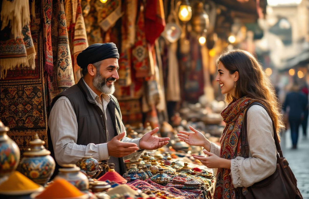 realistic image of a lively Turkish bazaar scene where a Middle Eastern male vendor and a white female tourist are engaged in a friendly negotiation over colorful handcrafted goods displayed on a market stall, with intricate textiles, spices, and ceramics visible in the background, warm golden lighting illuminating the scene to convey a welcoming and culturally rich atmosphere, both figures smiling and gesturing naturally to suggest a respectful and amicable exchange. Absolutely NO text should be in the scene.