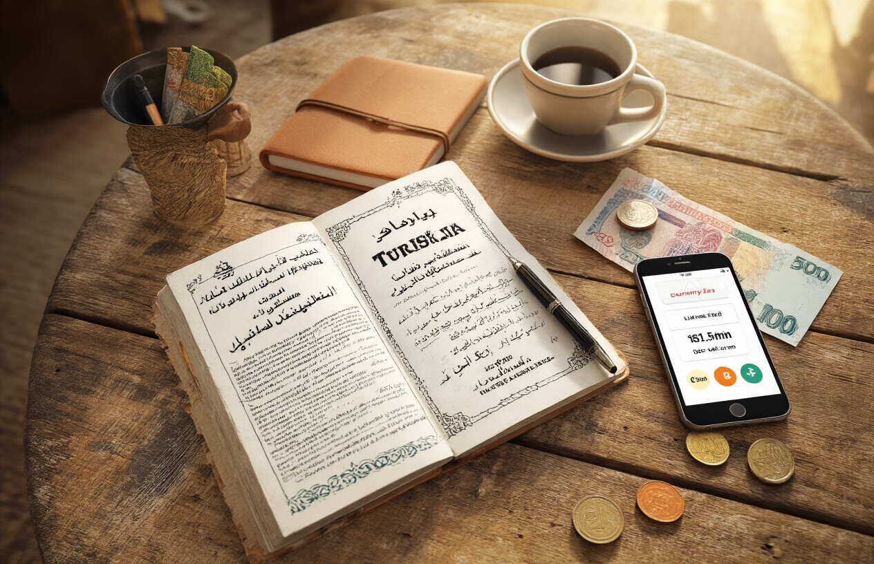 realistic image of a traveler's flat lay preparation scene on a rustic wooden table, featuring a Turkish phrasebook open to a relevant page, a small notebook with a pen, some Turkish lira banknotes and coins, and a smartphone displaying a currency conversion app, set against a warm, natural light background evoking a cozy cafƩ or hotel room atmosphere, with a sense of organized readiness and cultural curiosity. Absolutely NO text should be in the scene.