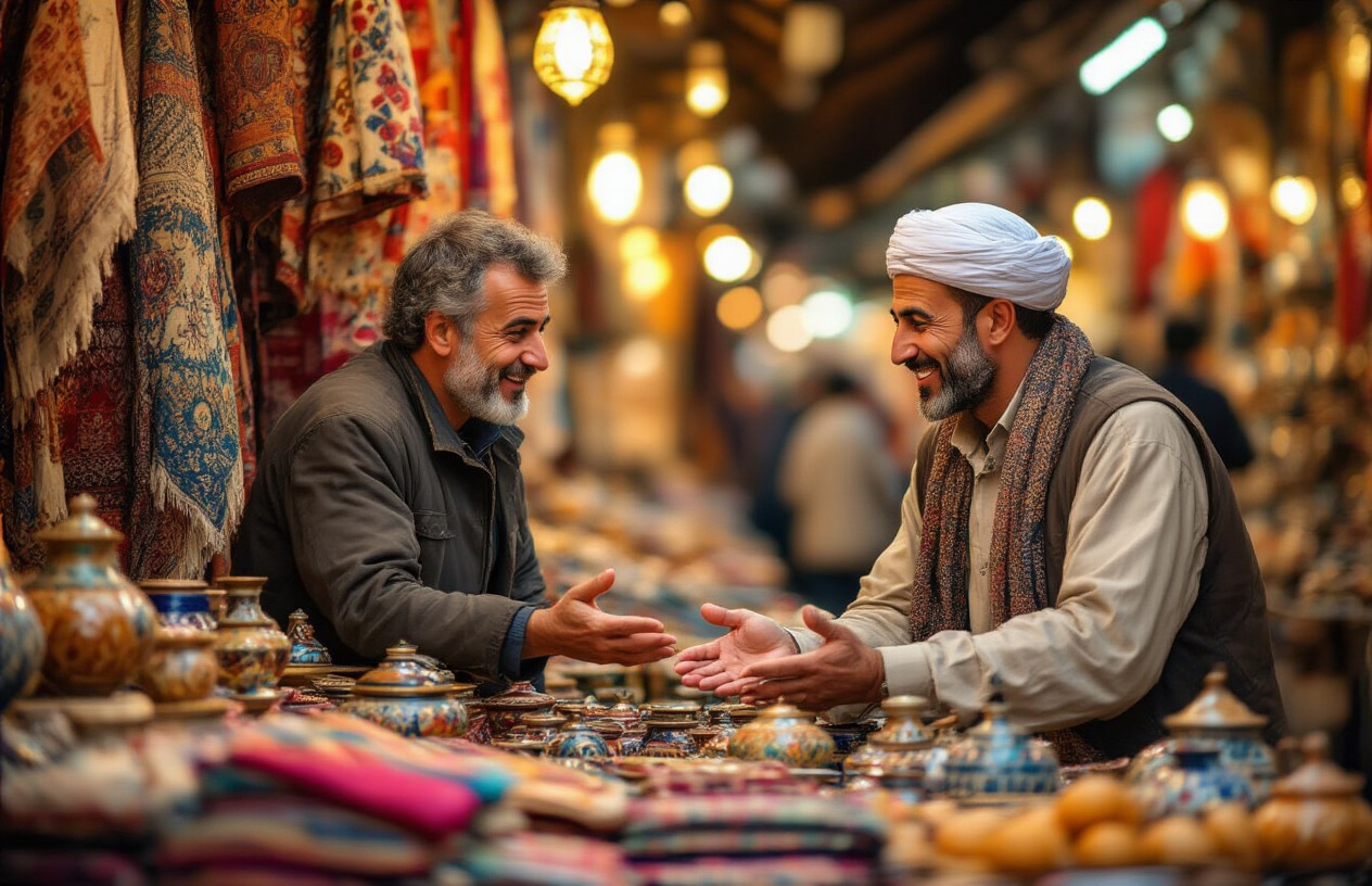 realistic image of a white male tourist and a Middle Eastern male vendor engaged in a friendly negotiation at a vibrant Turkish bazaar stall filled with colorful textiles and ceramics, the tourist leaning slightly forward with an open hand gesture as if making an initial offer, the vendor smiling warmly with a welcoming expression, warm golden lighting illuminating the scene, creating an inviting and culturally rich atmosphere, with blurred market stalls visible in the background. Absolutely NO text should be in the scene.