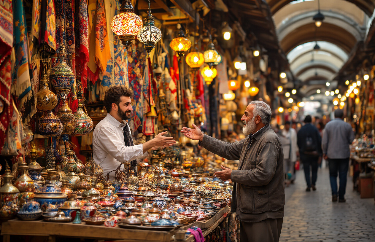 realistic image of a lively Turkish bazaar scene where a white male tourist and a Turkish male vendor are engaged in a friendly negotiation over colorful handcrafted goods displayed on a wooden market stall, with the vendor holding up a decorative item and the tourist gesturing with his hands in a bargaining exchange, surrounded by vibrant textiles, ceramics, and lanterns hanging overhead, warm golden lighting filtering through the covered market ceiling creating an inviting and authentic atmosphere. Absolutely NO text should be in the scene.