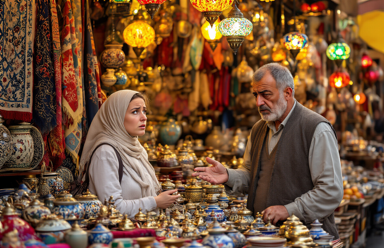 realistic image of a tense but respectful interaction at a colorful Turkish bazaar stall, showing a white female tourist looking embarrassed or apologetic while a middle-aged Turkish male vendor appears slightly offended, with the vendor gesturing toward his handcrafted goods displayed on the stall, surrounded by vibrant textiles, ceramics, and lanterns in the background, warm golden lighting casting an authentic market atmosphere, capturing the delicate social dynamic of a negotiation gone slightly wrong, Absolutely NO text should be in the scene.