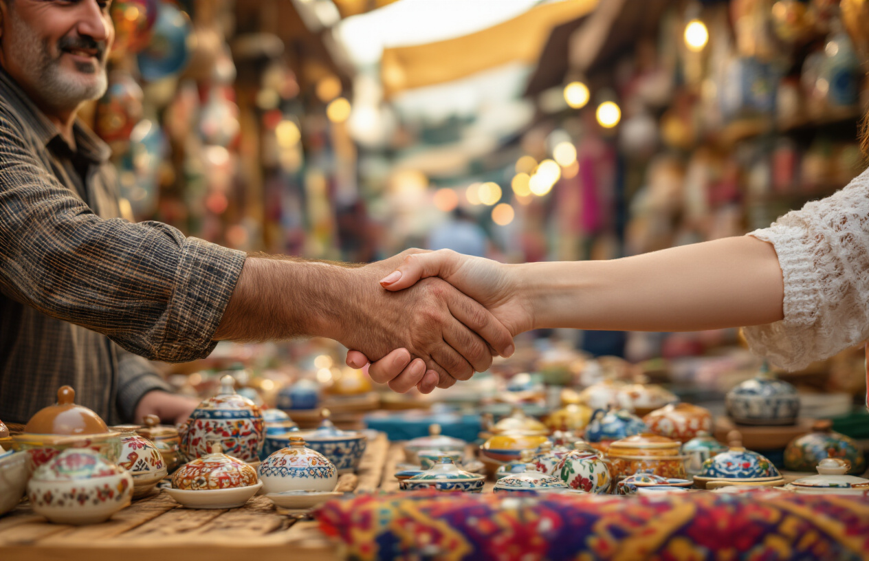 realistic image of a close-up shot of two hands reaching toward each other for a handshake over a wooden market stall surface in a vibrant Turkish bazaar, one hand belonging to a Middle Eastern male vendor and the other to a white female tourist, with colorful Turkish goods like ceramics and textiles softly blurred in the background, warm golden lighting creating a friendly and satisfied atmosphere, both parties appearing pleased with the transaction. Absolutely NO text should be in the scene.