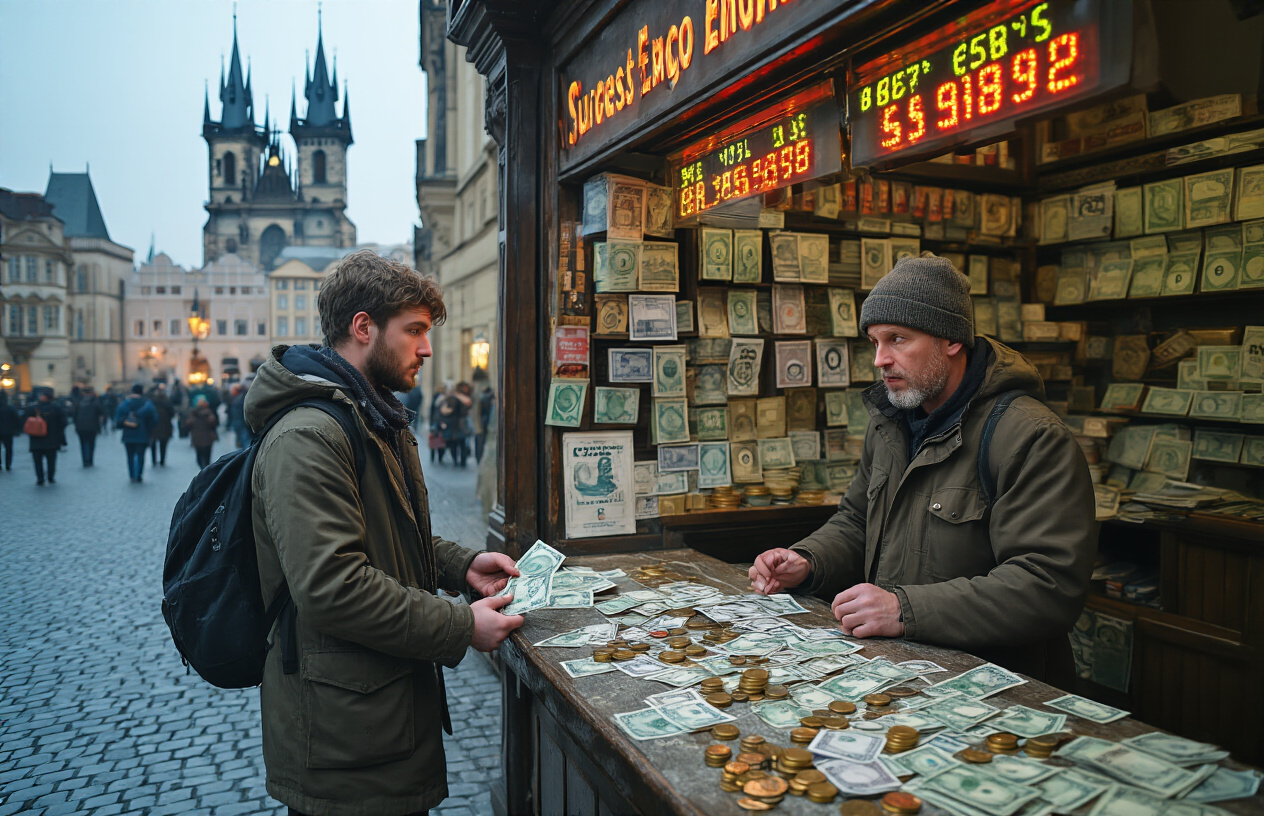 realistic image of a tourist exchange booth in Prague with misleading currency exchange rates displayed, showing a white male tourist looking confused while handing over euros to a shifty-looking vendor behind a cluttered counter, with Czech koruna notes and coins scattered on the counter, set against a backdrop of Prague's historic cobblestone streets and Gothic architecture, with dim and slightly ominous lighting to convey a sense of caution and deception. Absolutely NO text should be in the scene.
