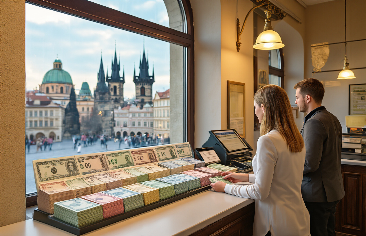 realistic image of a legitimate currency exchange office in Prague, featuring a clean and professional counter with Euro and Czech Koruna banknotes neatly displayed, a transparent display showing competitive exchange rates on a board, warm and welcoming interior lighting, a white female customer handing over cash to a white male clerk behind the counter, with the iconic Prague architecture subtly visible through a nearby window, conveying a sense of trust and security. Absolutely NO text should be in the scene.